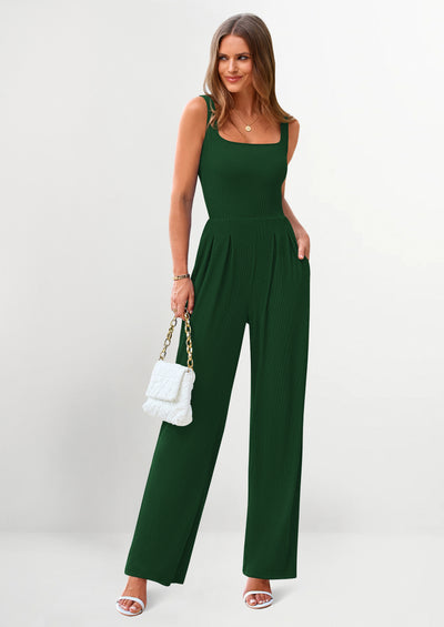 PRETTYGARDEN Sleeveless Dressy Square Neck Wide Leg Pants Knitted Rompers with Pockets