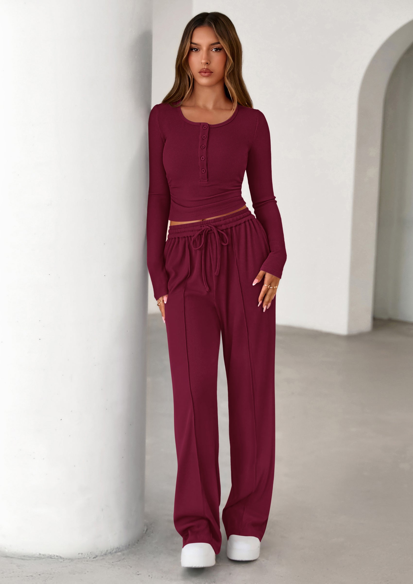 PRETTYGARDEN Women's Fall Trendy 2 Piece Outfits Lounge Sets Long Sleeve Top Henley Shirts Wide Leg Pants Travel Clothes