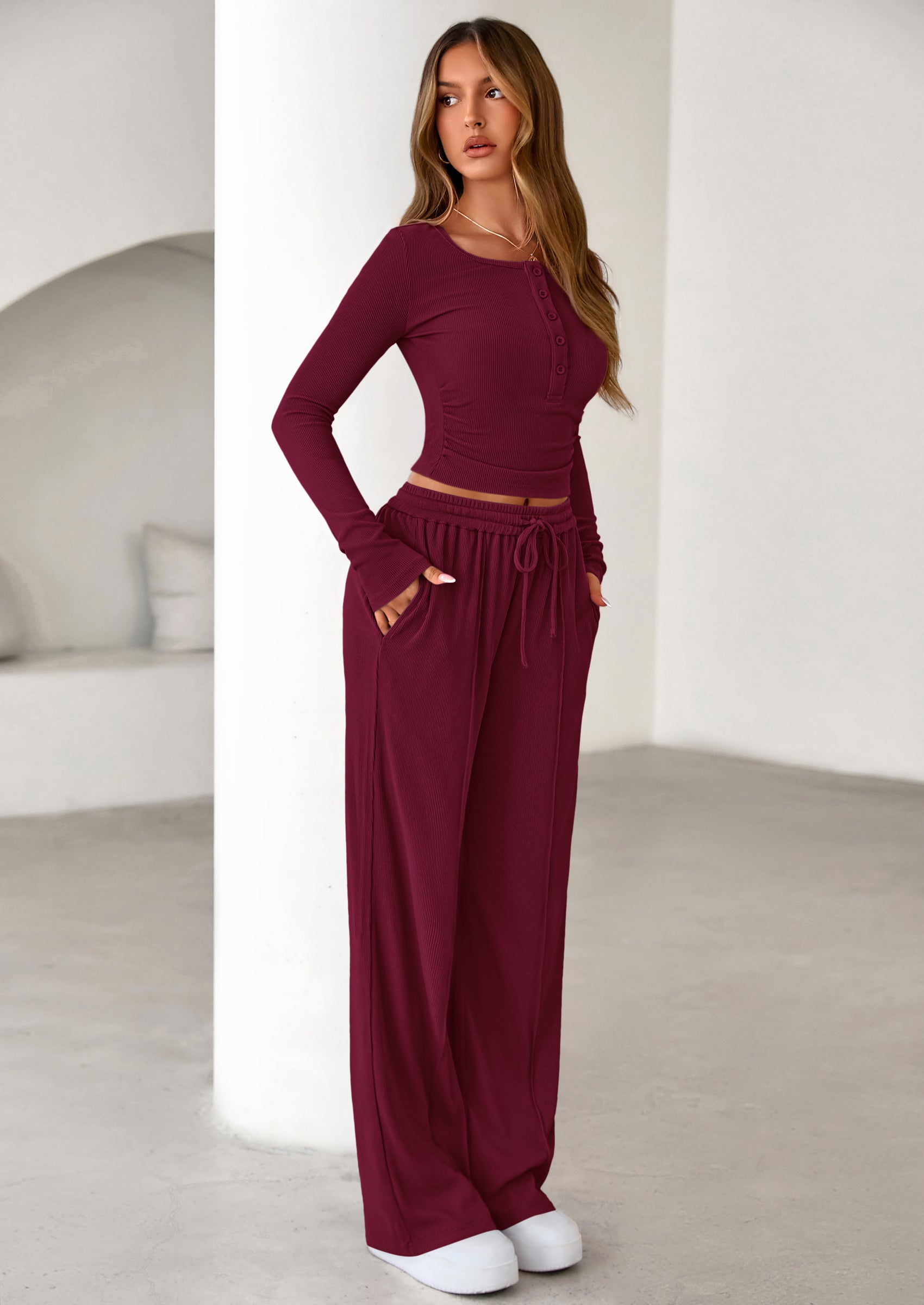 PRETTYGARDEN Women's Fall Trendy 2 Piece Outfits Lounge Sets Long Sleeve Top Henley Shirts Wide Leg Pants Travel Clothes