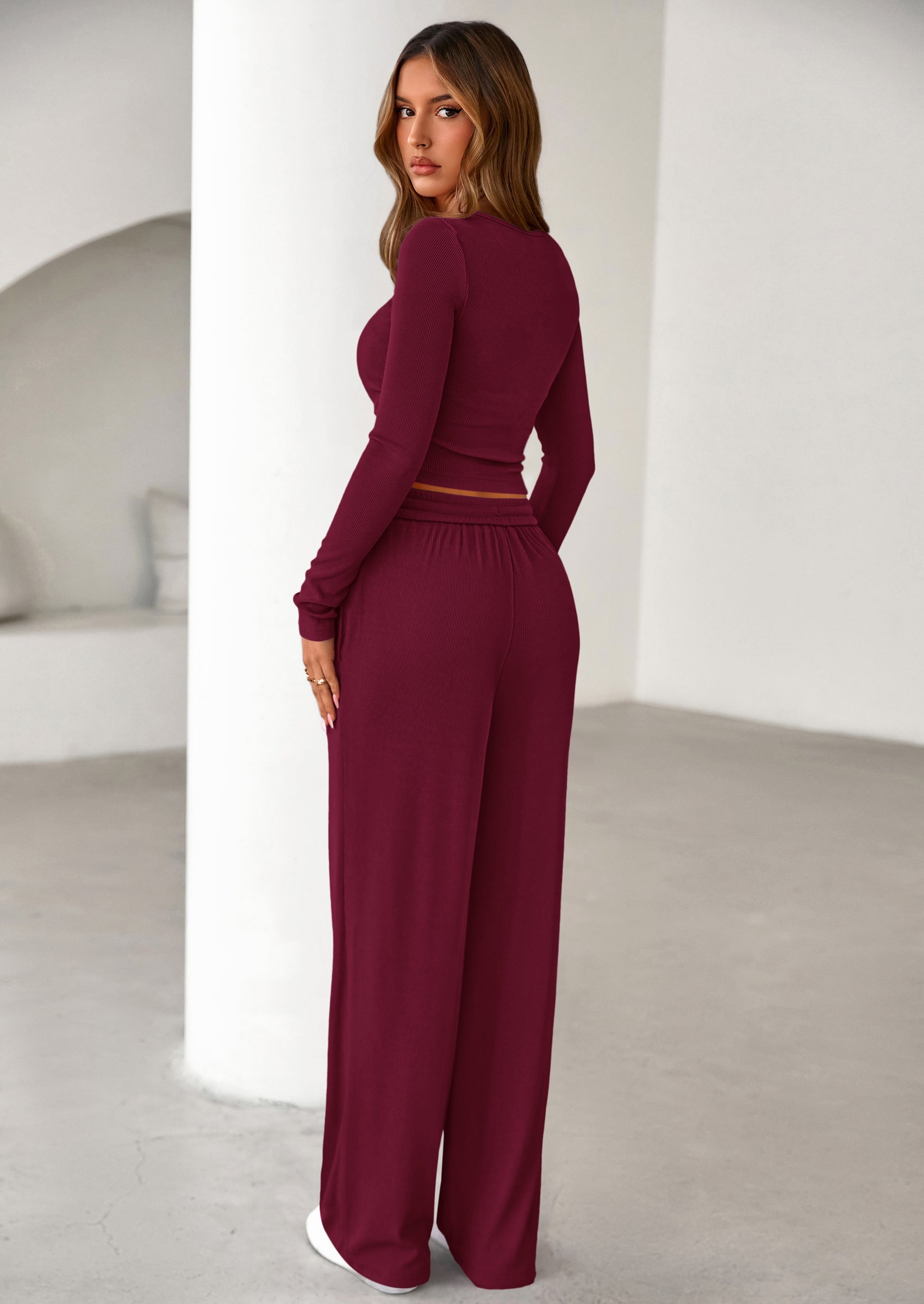 PRETTYGARDEN Women's Fall Trendy 2 Piece Outfits Lounge Sets Long Sleeve Top Henley Shirts Wide Leg Pants Travel Clothes