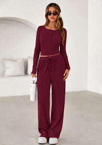 PRETTYGARDEN Women's Fall Trendy 2 Piece Outfits Lounge Sets Long Sleeve Top Henley Shirts Wide Leg Pants Travel Clothes