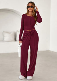 PRETTYGARDEN Women's Fall Trendy 2 Piece Outfits Lounge Sets Long Sleeve Top Henley Shirts Wide Leg Pants Travel Clothes