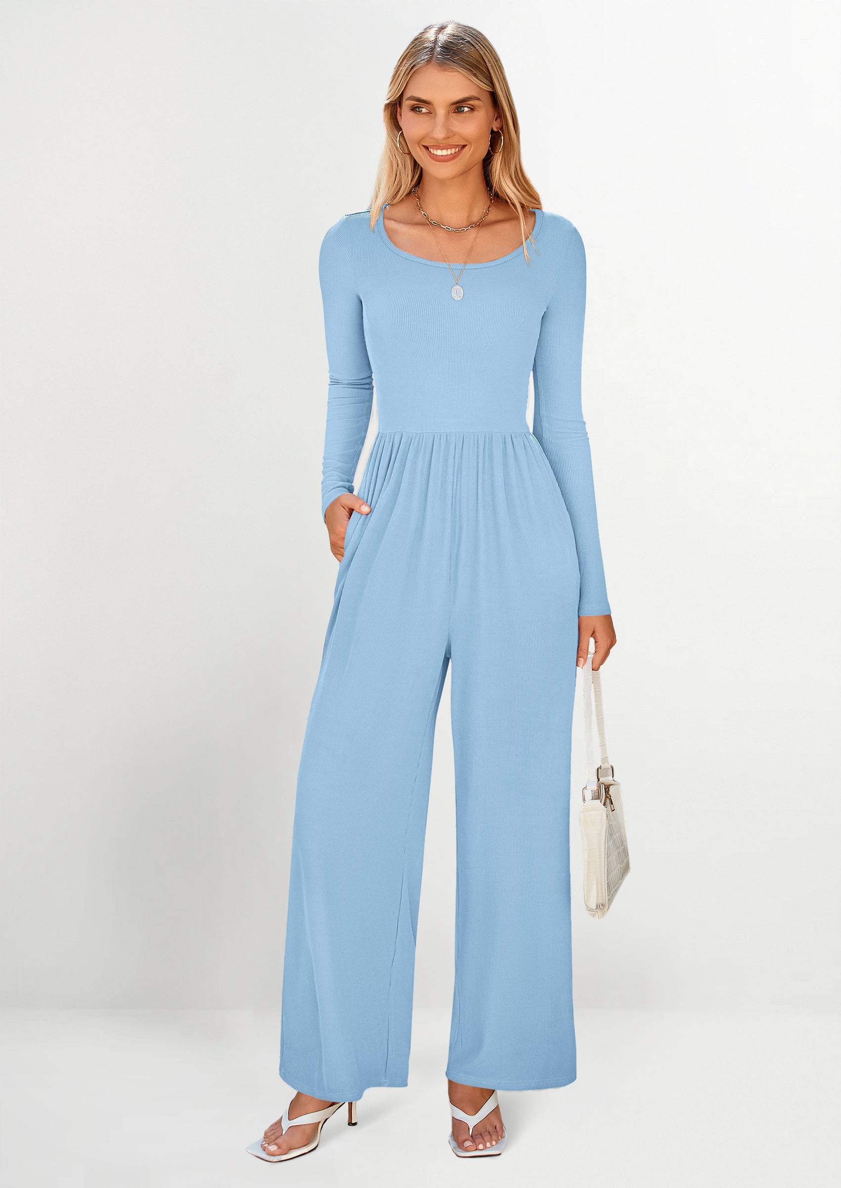 PRETTYGARDEN Fashion Jumpsuits Dressy Casual Long Sleeve Wide Leg Ribbed Knit Rompers