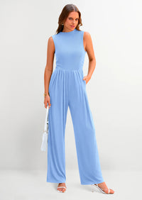 PRETTYGARDEN Womens Summer Jumpsuits Dressy Casual One Piece Outfits Sleeveless Mock Neck Wide Leg Pants Rompers with Pockets