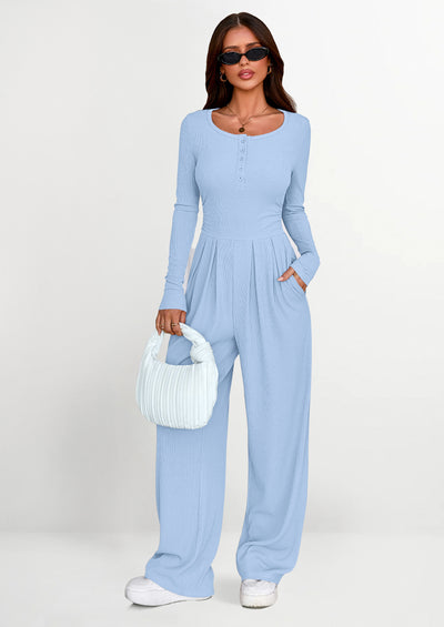 PRETTYGARDEN Jumpsuits for Women Dressy Casual Fall One Piece Outfits Long Sleeve Crew Neck Wide Leg Pants Rompers