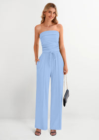 PRETTYGARDEN 2 Piece Sets Casual Ribbed Knit Crop Tube Top Wide Leg Pants Lounge Set