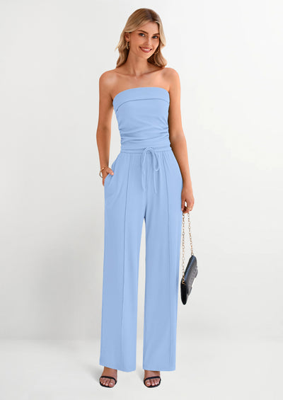 PRETTYGARDEN 2 Piece Sets Casual Ribbed Knit Crop Tube Top Wide Leg Pants Lounge Set