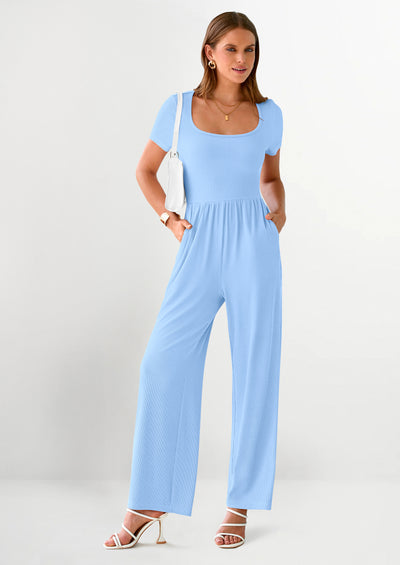 PRETTYGARDEN Women's Summer One Piece Jumpsuits Dressy Casual Short Sleeve Square Neck Wide Leg Jumpsuit Rompers