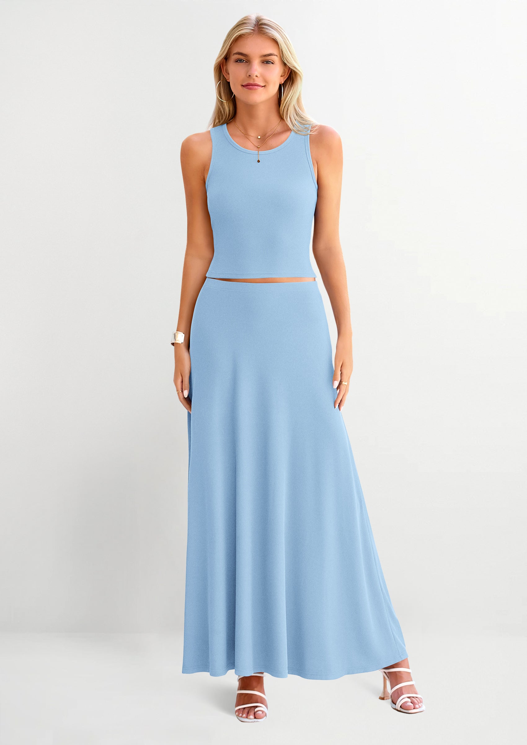 PRETTYGARDEN 2 Piece Maxi Skirt Sets Casual Knit Cropped Tank Top High Waisted Long Skirts Outfit