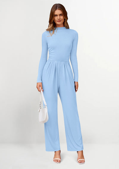 PRETTYGARDEN Dressy Casual Fashion Outfits Long Sleeve Mock Neck Wide Leg Pants Rompers