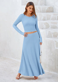 PRETTYGARDEN 2 Piece Casual Ribbed Knit Long Sleeve Crop Tops Maxi Flowy Skirts Matching Sets