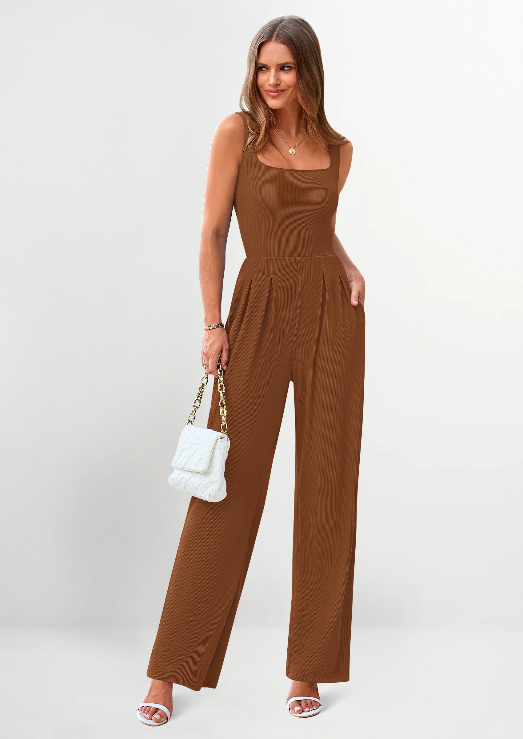PRETTYGARDEN Sleeveless Dressy Square Neck Wide Leg Pants Knitted Rompers with Pockets