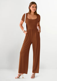PRETTYGARDEN Women's Summer One Piece Jumpsuits Dressy Casual Short Sleeve Square Neck Wide Leg Jumpsuit Rompers