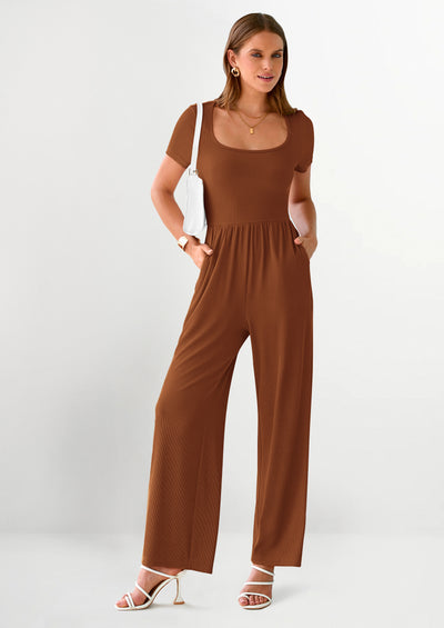 PRETTYGARDEN Women's Summer One Piece Jumpsuits Dressy Casual Short Sleeve Square Neck Wide Leg Jumpsuit Rompers