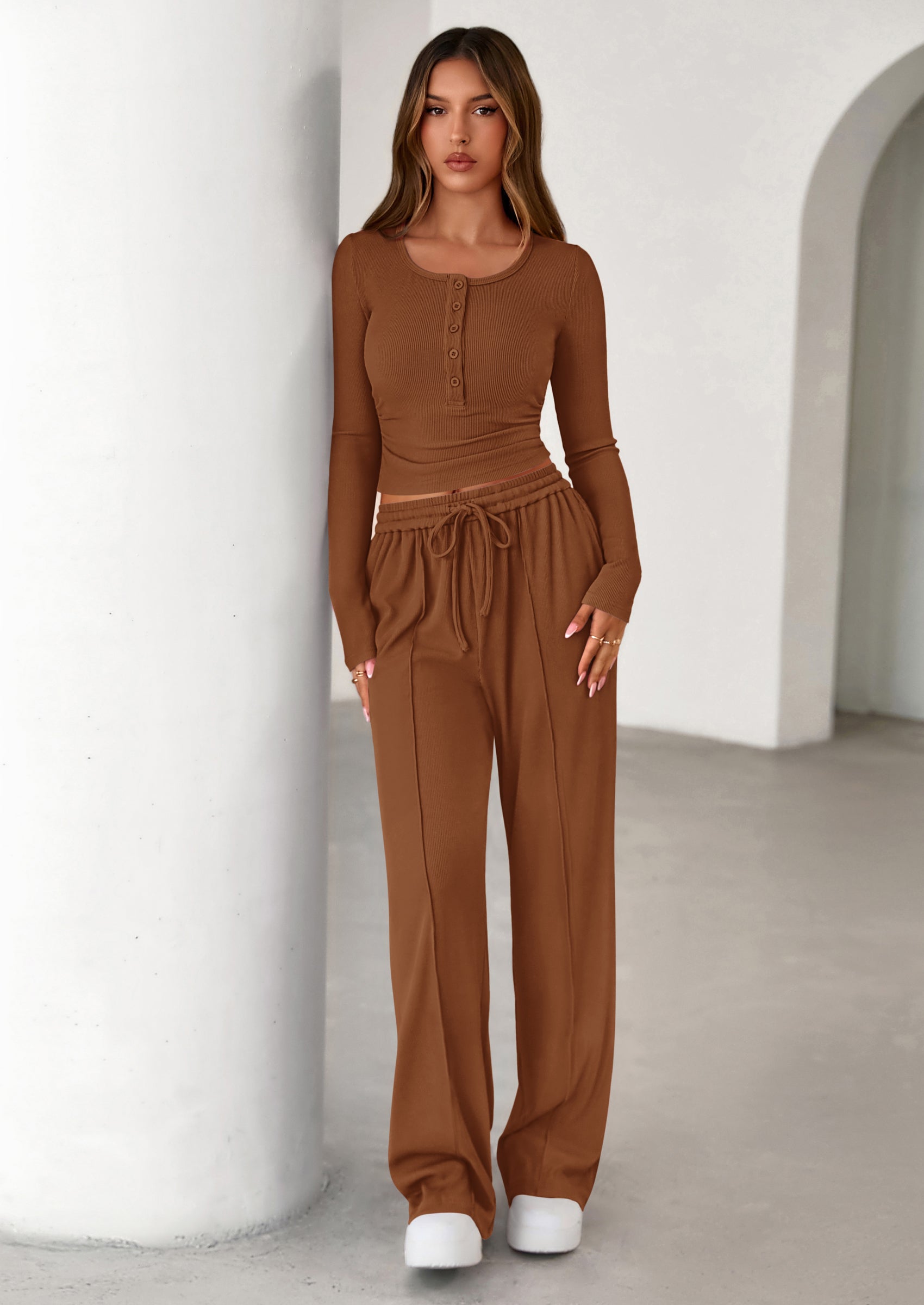 PRETTYGARDEN Women's Fall Trendy 2 Piece Outfits Lounge Sets Long Sleeve Top Henley Shirts Wide Leg Pants Travel Clothes