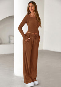 PRETTYGARDEN Women's Fall Trendy 2 Piece Outfits Lounge Sets Long Sleeve Top Henley Shirts Wide Leg Pants Travel Clothes