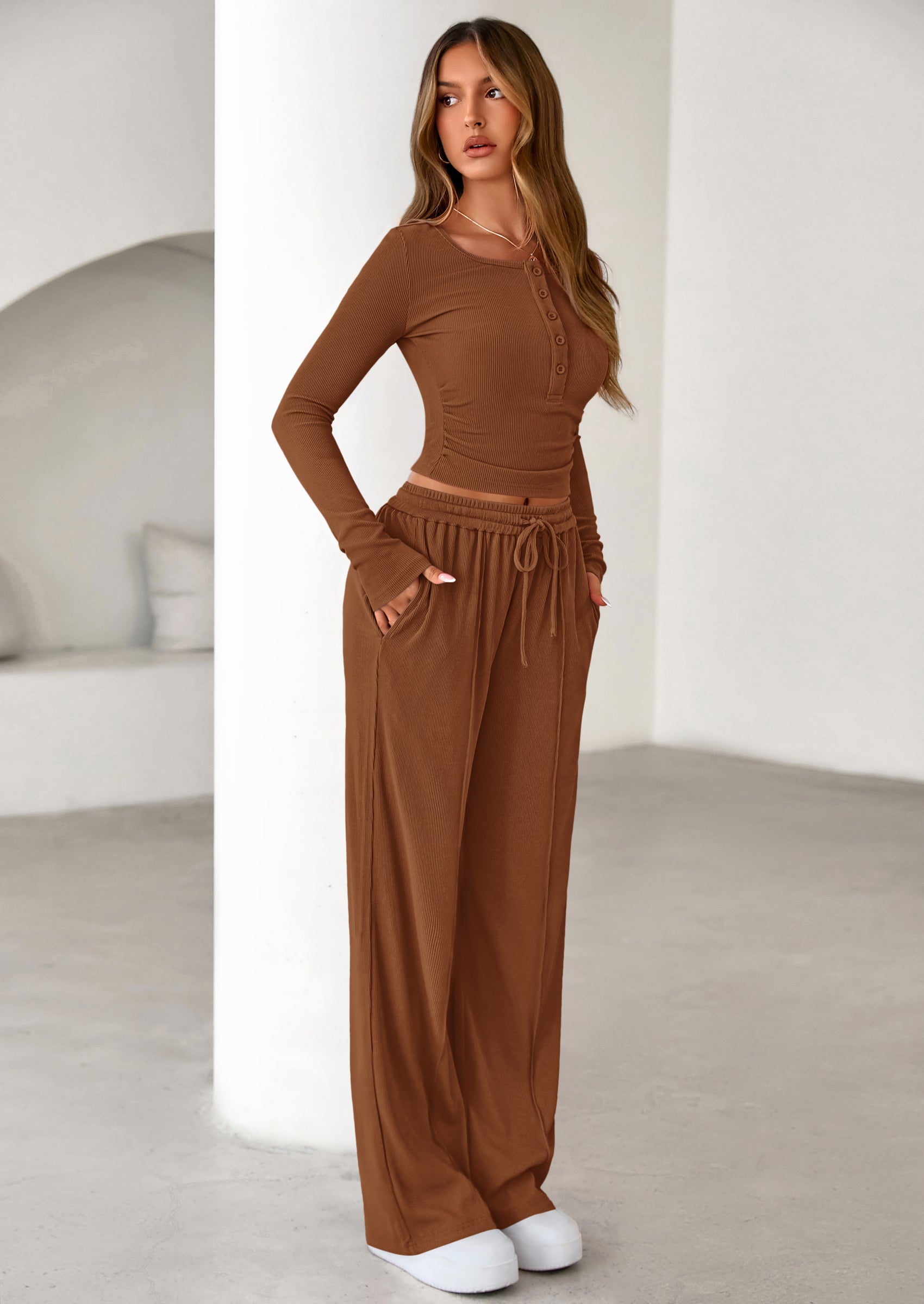 PRETTYGARDEN Women's Fall Trendy 2 Piece Outfits Lounge Sets Long Sleeve Top Henley Shirts Wide Leg Pants Travel Clothes