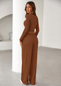 PRETTYGARDEN Women's Fall Trendy 2 Piece Outfits Lounge Sets Long Sleeve Top Henley Shirts Wide Leg Pants Travel Clothes