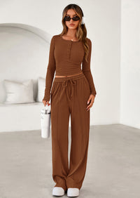 PRETTYGARDEN Women's Fall Trendy 2 Piece Outfits Lounge Sets Long Sleeve Top Henley Shirts Wide Leg Pants Travel Clothes