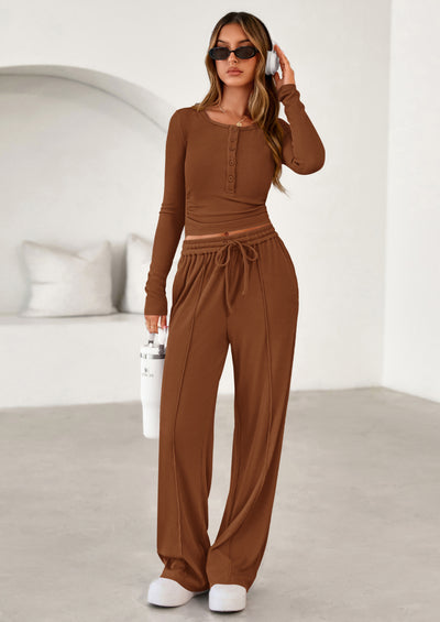 PRETTYGARDEN Women's Fall Trendy 2 Piece Outfits Lounge Sets Long Sleeve Top Henley Shirts Wide Leg Pants Travel Clothes