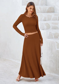 PRETTYGARDEN 2 Piece Casual Ribbed Knit Long Sleeve Crop Tops Maxi Flowy Skirts Matching Sets