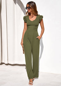 PRETTYGARDEN One Piece Jumpsuits For Women Dressy Ruffle Cap Sleeve V Neck Ribbed Knit Wide Leg Romper Spring Outfits PRETTYGARDEN
