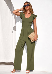 PRETTYGARDEN One Piece Jumpsuits For Women Dressy Ruffle Cap Sleeve V Neck Ribbed Knit Wide Leg Romper Spring Outfits PRETTYGARDEN