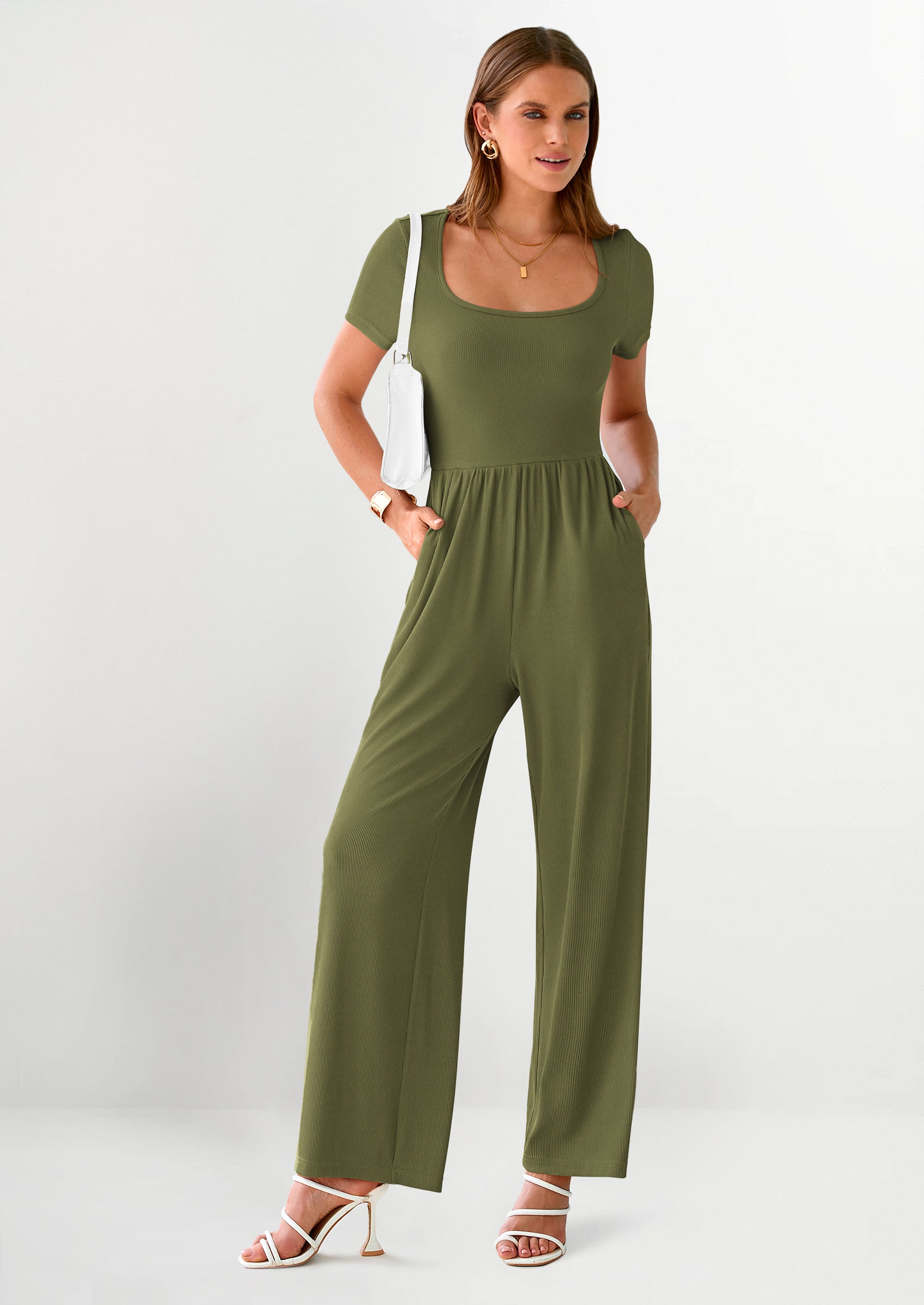 PRETTYGARDEN Women's Summer One Piece Jumpsuits Dressy Casual Short Sleeve Square Neck Wide Leg Jumpsuit Rompers