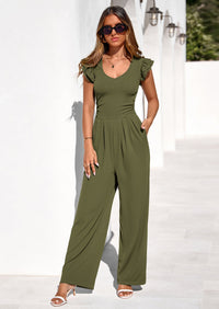 PRETTYGARDEN One Piece Jumpsuits For Women Dressy Ruffle Cap Sleeve V Neck Ribbed Knit Wide Leg Romper Spring Outfits PRETTYGARDEN