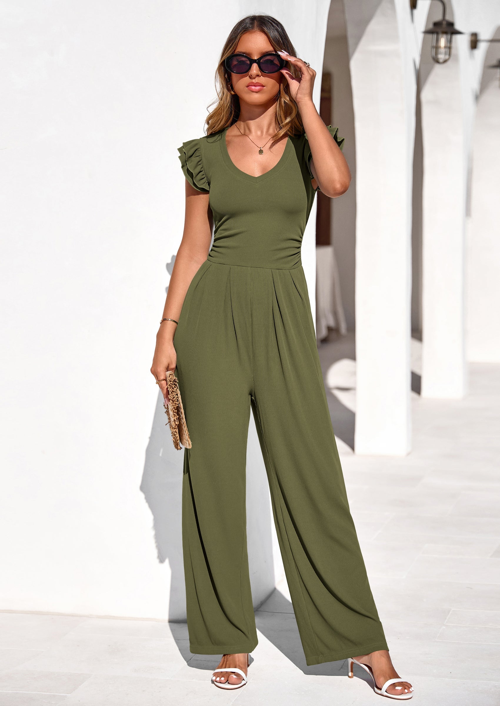 PRETTYGARDEN One Piece Jumpsuits For Women Dressy Ruffle Cap Sleeve V Neck Ribbed Knit Wide Leg Romper Spring Outfits PRETTYGARDEN