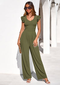 PRETTYGARDEN One Piece Jumpsuits For Women Dressy Ruffle Cap Sleeve V Neck Ribbed Knit Wide Leg Romper Spring Outfits PRETTYGARDEN