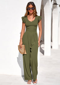 PRETTYGARDEN One Piece Jumpsuits For Women Dressy Ruffle Cap Sleeve V Neck Ribbed Knit Wide Leg Romper Spring Outfits PRETTYGARDEN