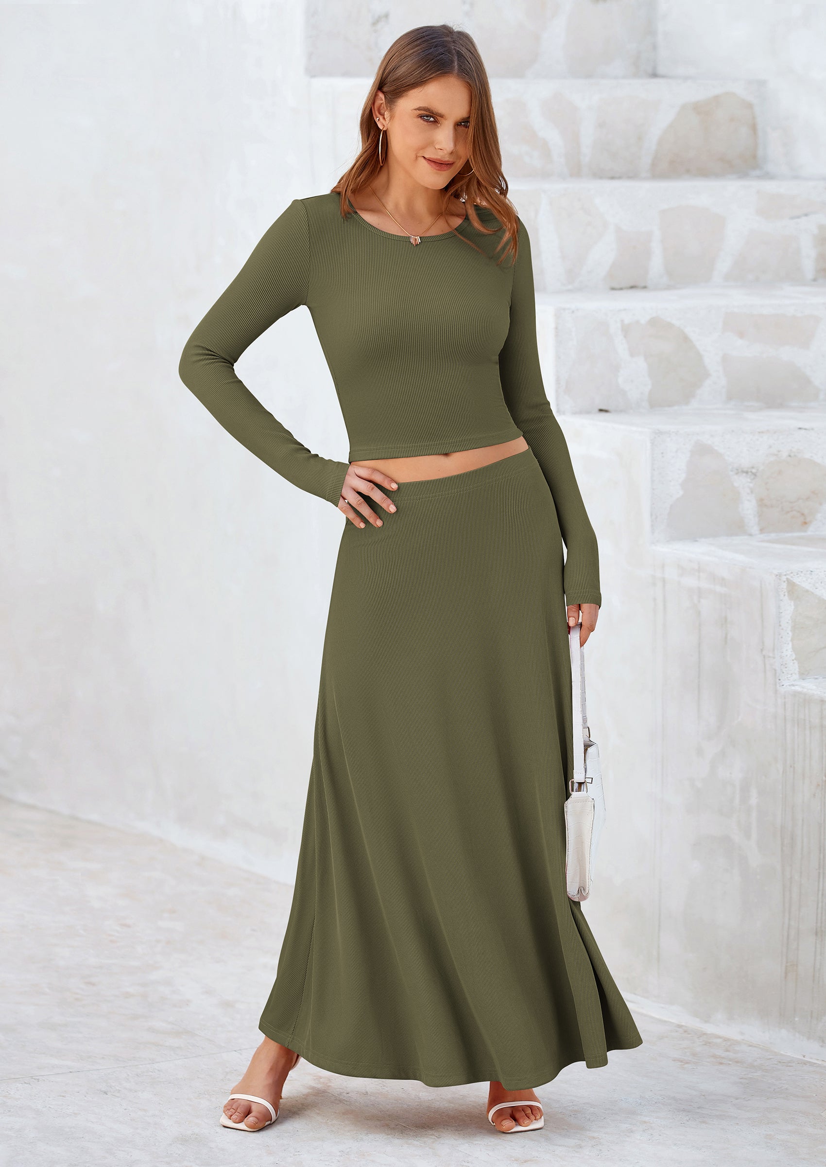 PRETTYGARDEN 2 Piece Casual Ribbed Knit Long Sleeve Crop Tops Maxi Flowy Skirts Matching Sets