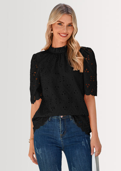 PRETTYGARDEN Womens Summer Tops Trendy Short Sleeve Eyelet Embroidered Dressy Casual Blouse Shirts