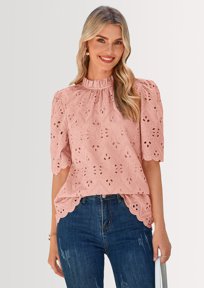 PRETTYGARDEN Womens Summer Tops Trendy Short Sleeve Eyelet Embroidered Dressy Casual Blouse Shirts