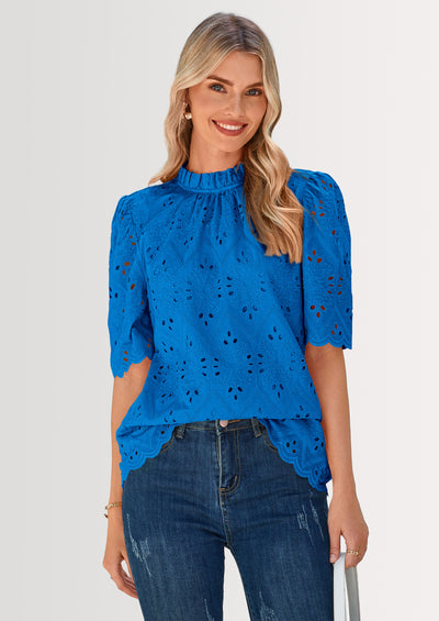 PRETTYGARDEN Womens Summer Tops Trendy Short Sleeve Eyelet Embroidered Dressy Casual Blouse Shirts