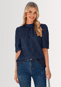 PRETTYGARDEN Womens Summer Tops Trendy Short Sleeve Eyelet Embroidered Dressy Casual Blouse Shirts