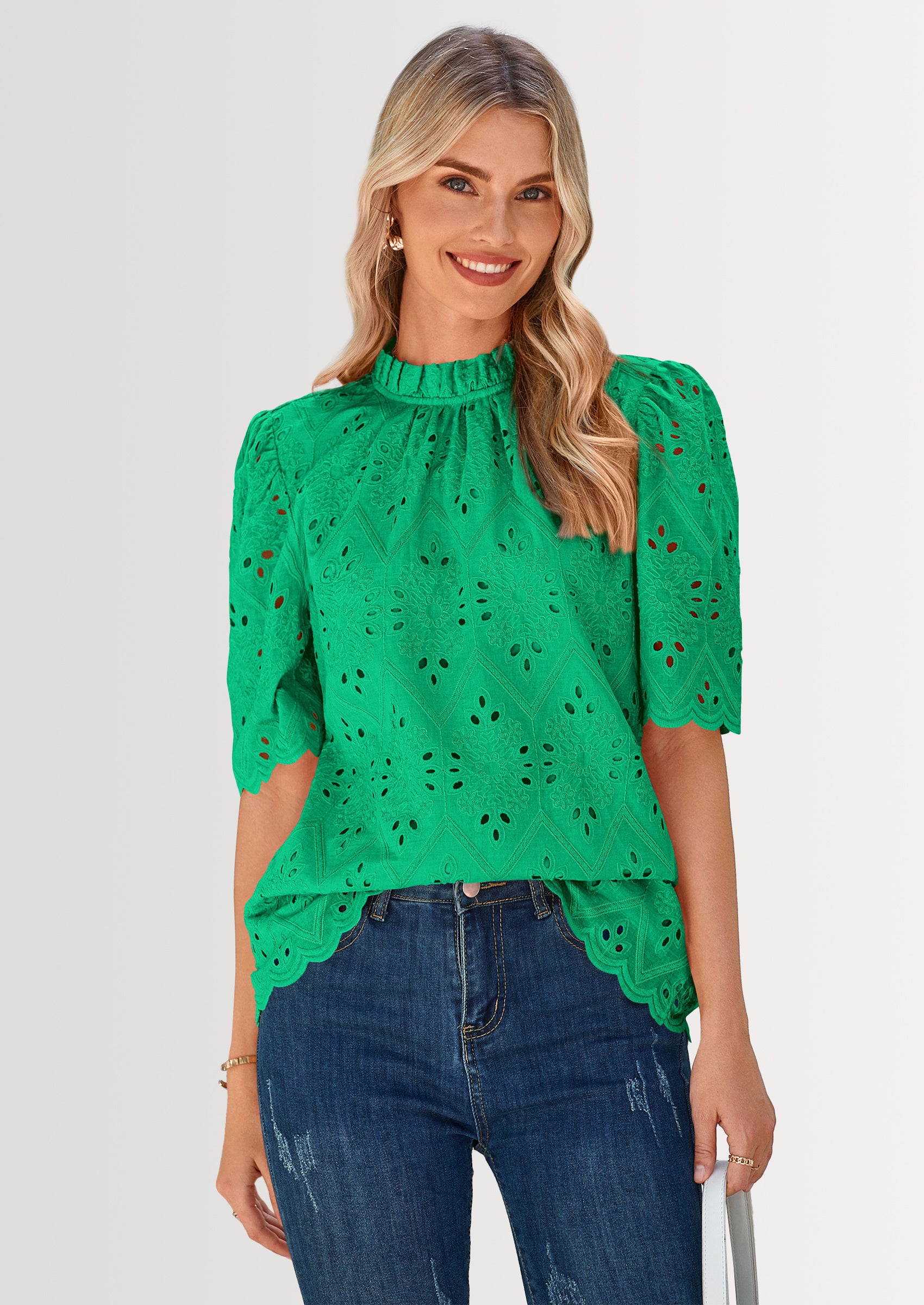 PRETTYGARDEN Womens Summer Tops Trendy Short Sleeve Eyelet Embroidered Dressy Casual Blouse Shirts