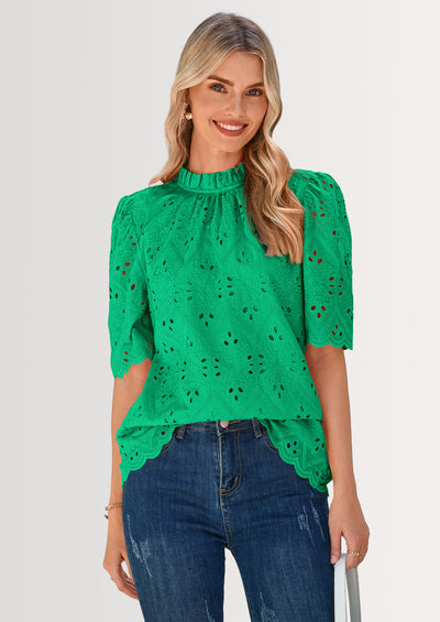 PRETTYGARDEN Womens Summer Tops Trendy Short Sleeve Eyelet Embroidered Dressy Casual Blouse Shirts