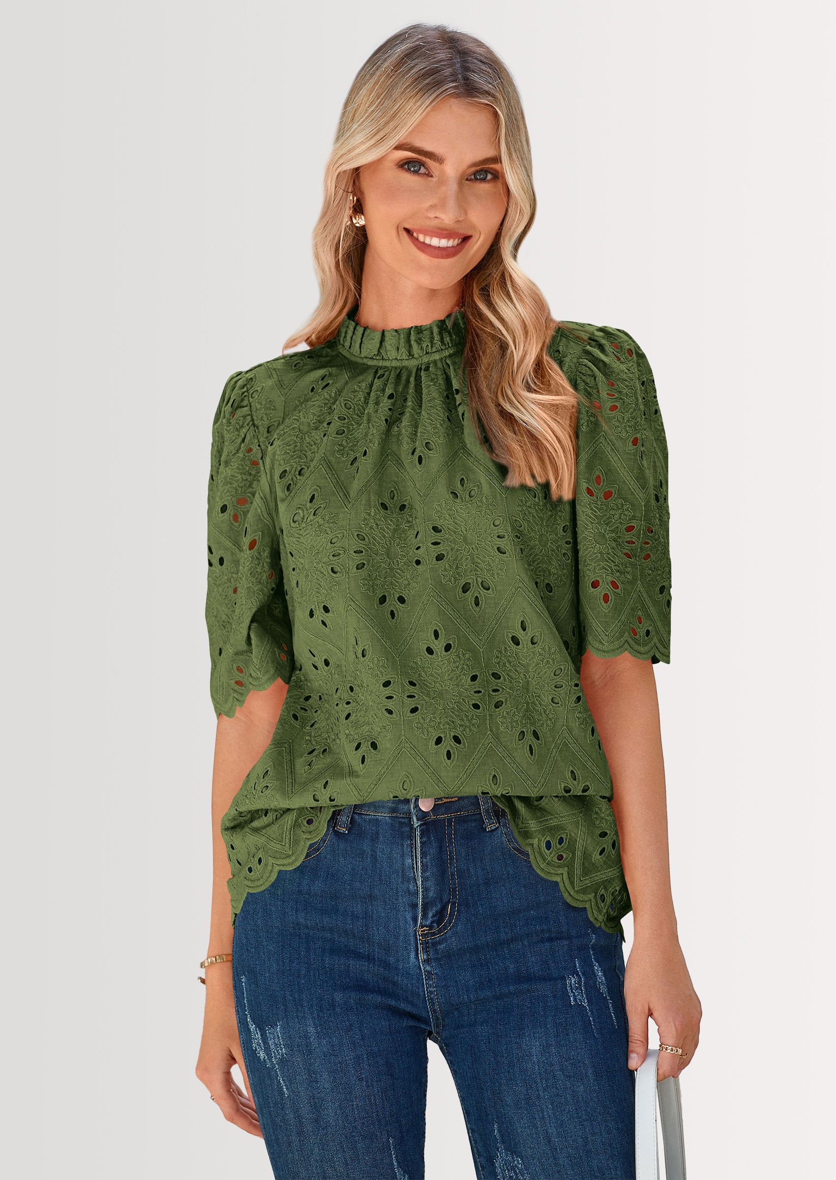 PRETTYGARDEN Womens Summer Tops Trendy Short Sleeve Eyelet Embroidered Dressy Casual Blouse Shirts