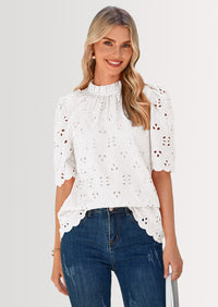 PRETTYGARDEN Womens Summer Tops Trendy Short Sleeve Eyelet Embroidered Dressy Casual Blouse Shirts