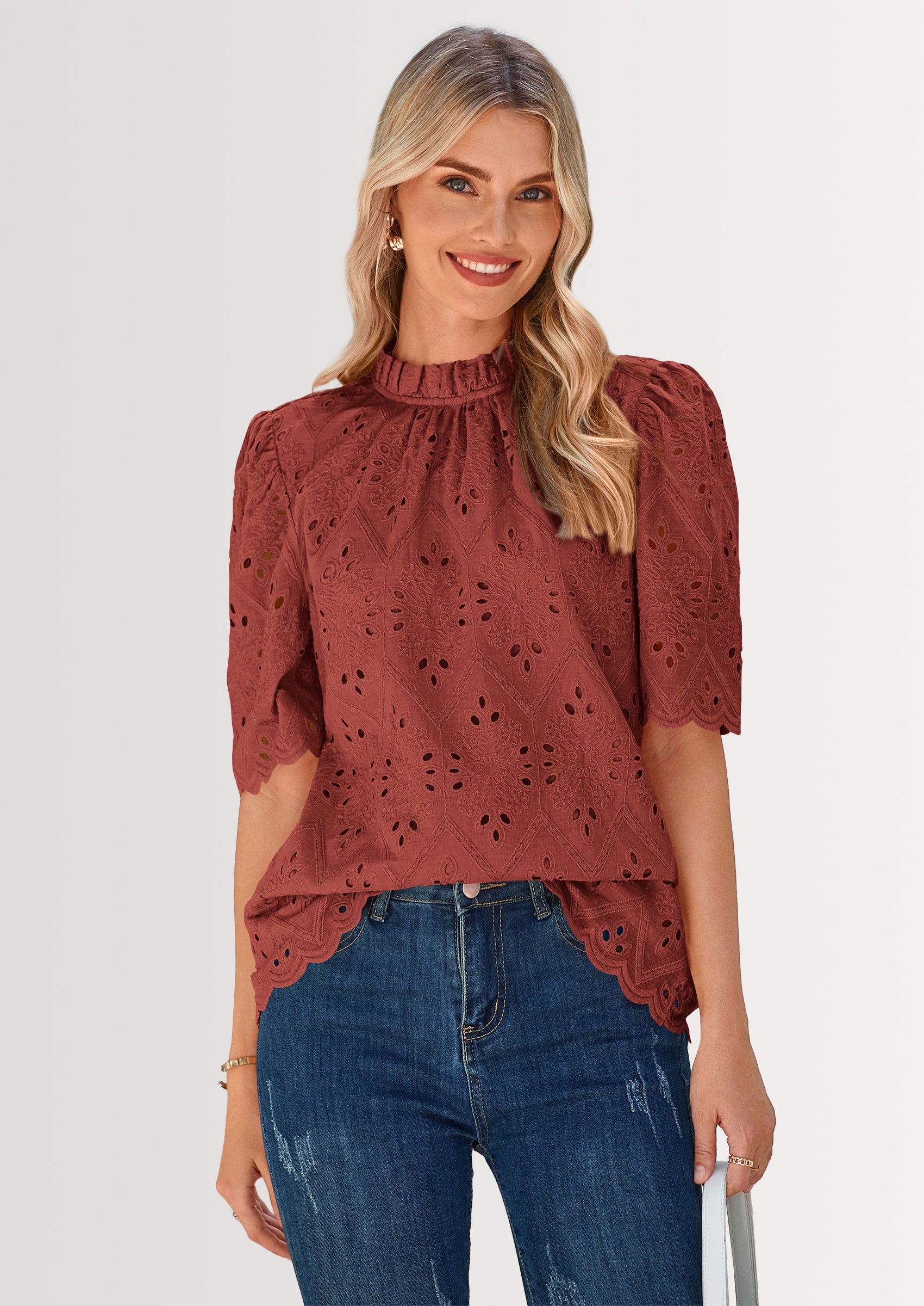 PRETTYGARDEN Womens Summer Tops Trendy Short Sleeve Eyelet Embroidered Dressy Casual Blouse Shirts