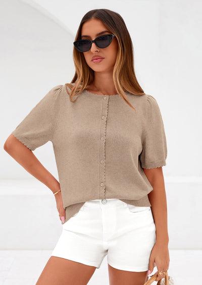 PRETTYGARDEN Puff Short Sleeve Cardigans for Women Lightweight Summer Shirts Button Up Knit Sweater Tops Spring Clothes PRETTYGARDEN