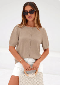 PRETTYGARDEN Puff Short Sleeve Cardigans for Women Lightweight Summer Shirts Button Up Knit Sweater Tops Spring Clothes PRETTYGARDEN