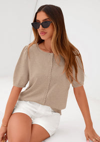 PRETTYGARDEN Puff Short Sleeve Cardigans for Women Lightweight Summer Shirts Button Up Knit Sweater Tops Spring Clothes PRETTYGARDEN