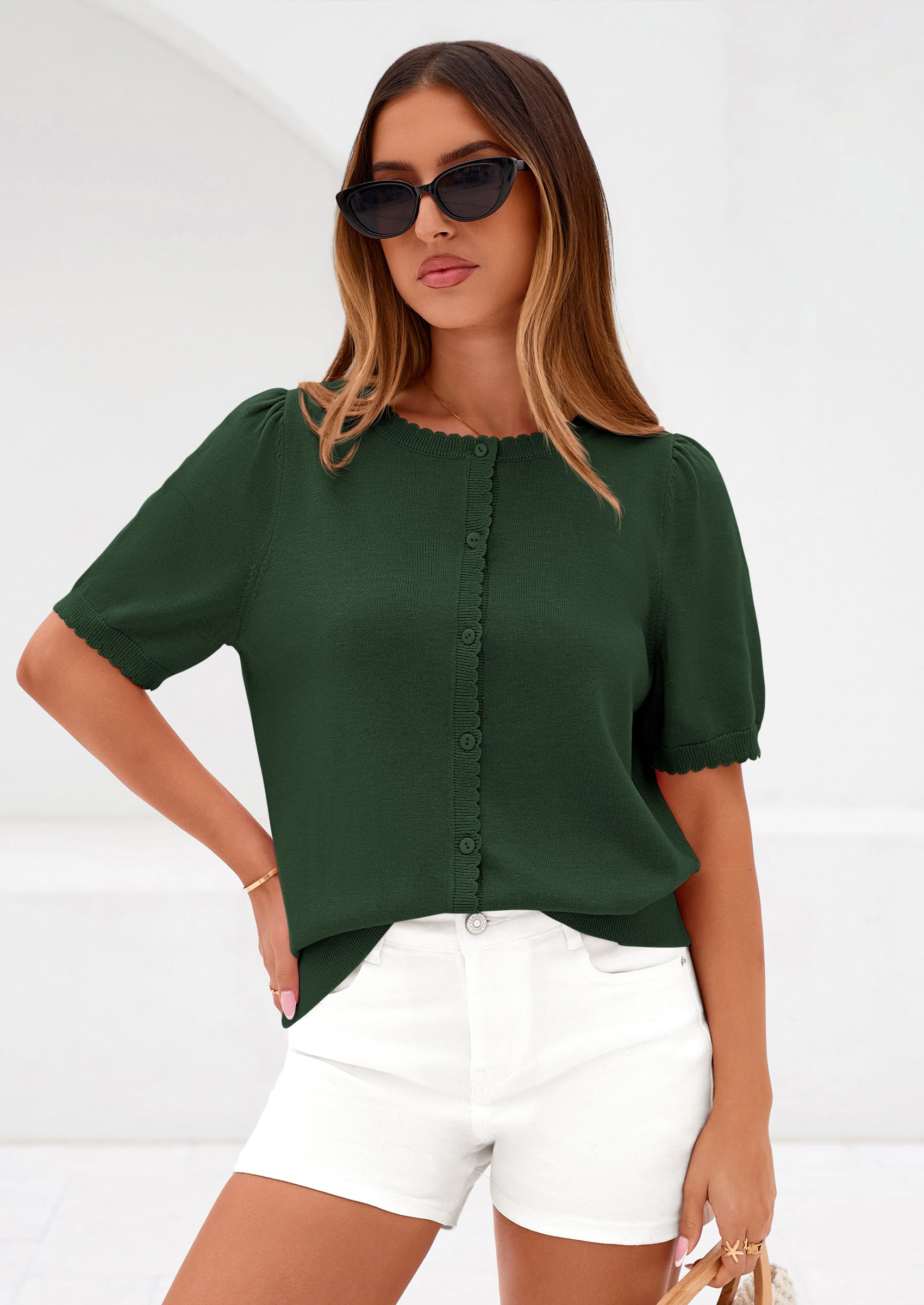 PRETTYGARDEN Puff Short Sleeve Cardigans for Women Lightweight Summer Shirts Button Up Knit Sweater Tops Spring Clothes PRETTYGARDEN