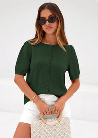 PRETTYGARDEN Puff Short Sleeve Cardigans for Women Lightweight Summer Shirts Button Up Knit Sweater Tops Spring Clothes PRETTYGARDEN