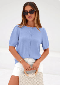 PRETTYGARDEN Puff Short Sleeve Cardigans for Women Lightweight Summer Shirts Button Up Knit Sweater Tops Spring Clothes PRETTYGARDEN