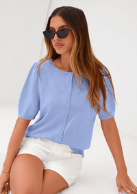 PRETTYGARDEN Puff Short Sleeve Cardigans for Women Lightweight Summer Shirts Button Up Knit Sweater Tops Spring Clothes PRETTYGARDEN