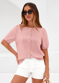 PRETTYGARDEN Puff Short Sleeve Cardigans for Women Lightweight Summer Shirts Button Up Knit Sweater Tops Spring Clothes PRETTYGARDEN